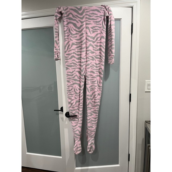 Jenni Intimates Womens Medium Pink Gray Zebra Hooded Footed Pajamas Onesie - Picture 9 of 9